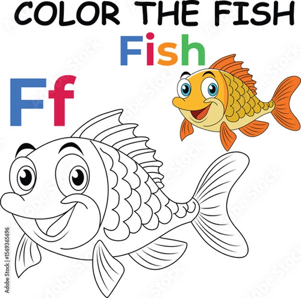 Fototapeta F for Fish Coloring Worksheet for Preschool – AI Inspired Concept Hand Drawn Vector in Illustrator