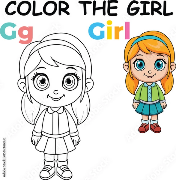 Fototapeta  G for Girl Coloring Worksheet for Preschool – AI Inspired Concept Hand Drawn Vector in Illustrator