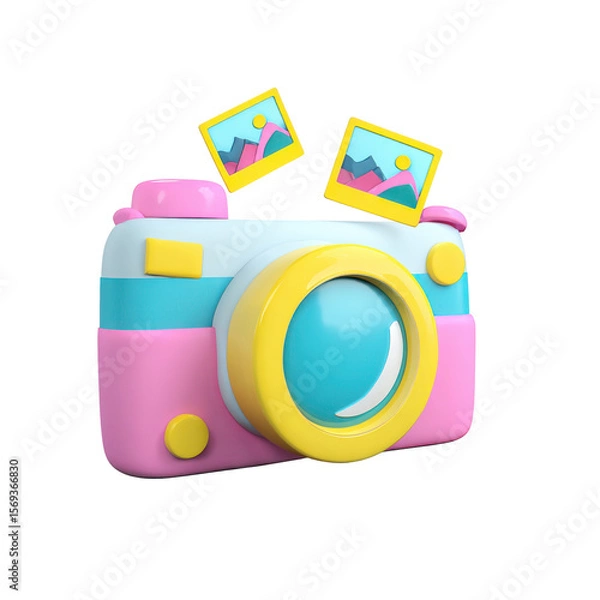 Fototapeta A whimsical cartoon camera with rounded edges is presented in bright colors with a photo