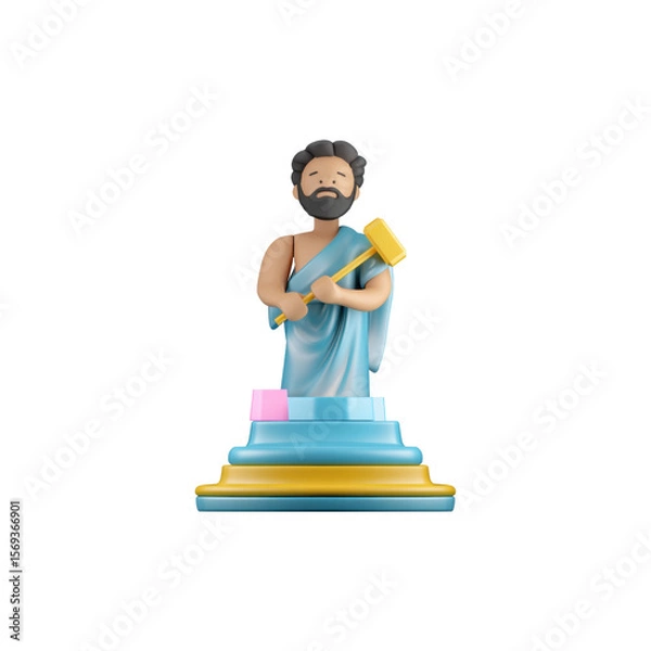 Fototapeta Sculptor on a platform, with a dark beard and hair, light skin tone, wrapped in a light blue robe, holding a hammer