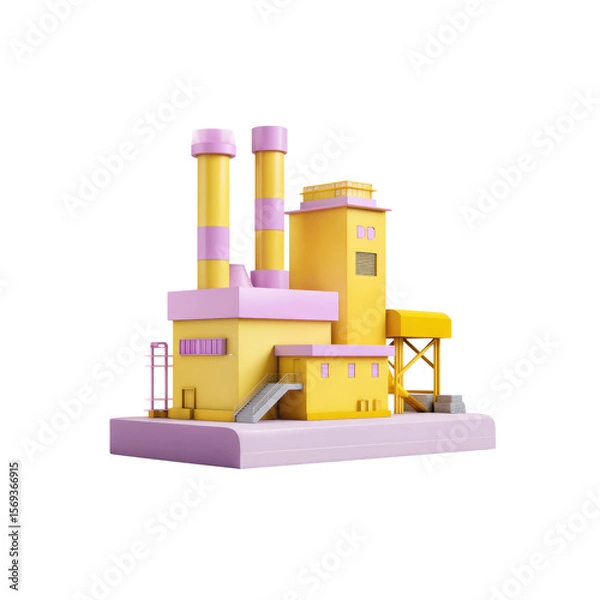 Fototapeta A cartoonish construction factory is presented with minimalist details, featuring a yellow and pink color scheme