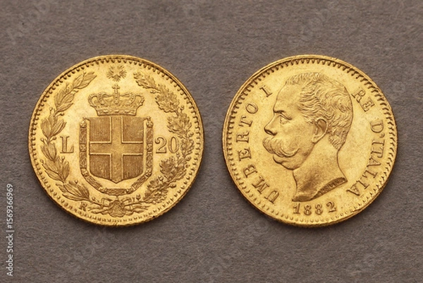 Fototapeta 20 Lire Kingdom of Italy, Umberto I, year 1882, gold coin bullion, front and back sides