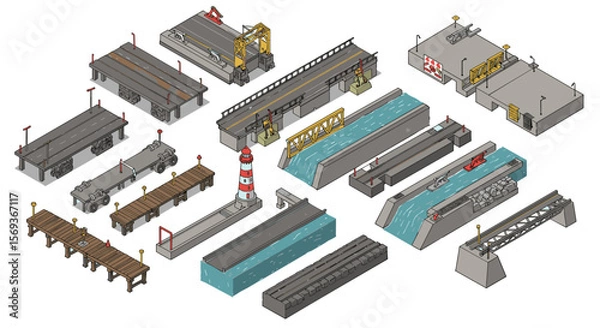 Fototapeta Isometric vector illustration of harbor elements and infrastructure for design and planning
