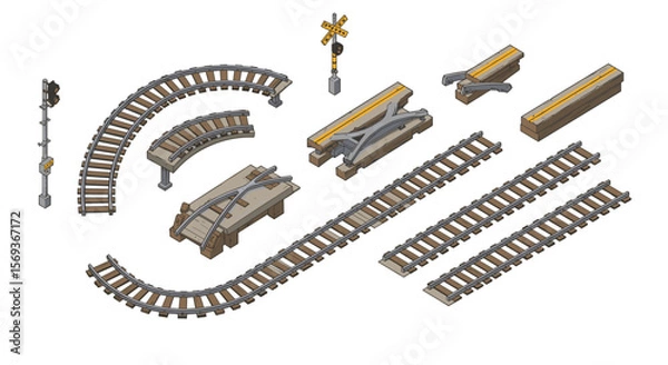 Fototapeta Isometric railway elements vector illustration for infrastructure design and construction projects