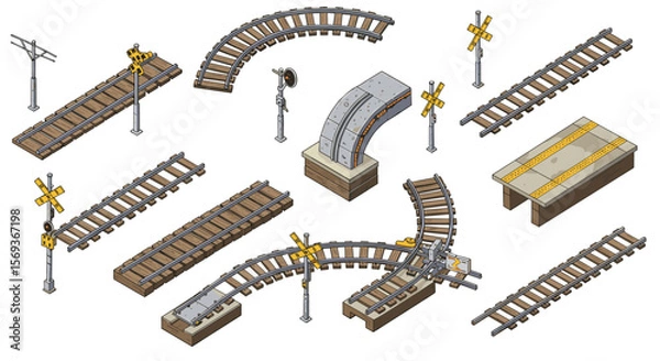Fototapeta Isometric vector illustration of railway elements for design and construction projects