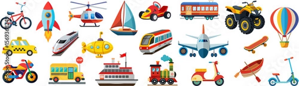 Fototapeta Colorful transportation and vehicle icons featuring land, air, sea and space travel methods, vector cartoon illustration set. Includes cars, trains, boats, planes, rockets, bikes flat design.