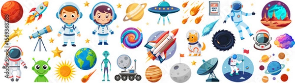 Fototapeta Space exploration themed cartoon set with astronauts, planets, rockets, and aliens, vector cartoon illustration. Colorful space mission elements including telescopes, rovers, stars in flat design.