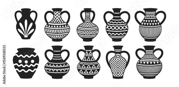 Fototapeta Silhouettes of ornamental pottery vases with geometric and tribal patterns, vector illustration set. Set includes amphora shapes and traditional ceramic vessels with bold linear decoration.