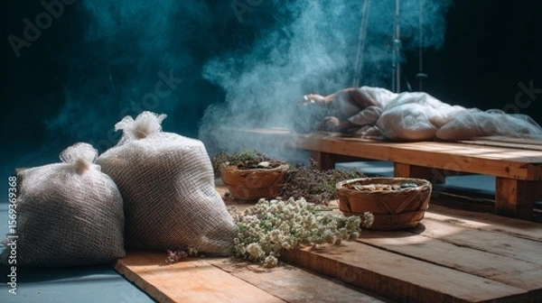 Fototapeta Natural jute sacks with grains and herbs on wooden table for organic farming harvest food concept background