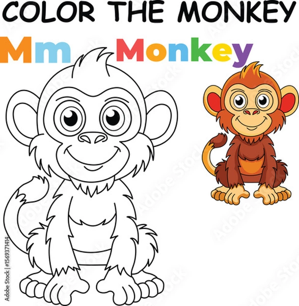 Fototapeta M for Monkey Coloring Worksheet for Preschool – AI Inspired Concept Hand Drawn Vector in Illustrator