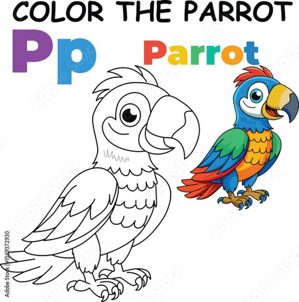 Fototapeta P for Parrot Coloring Worksheet for Preschool – AI Inspired Concept Hand Drawn Vector in Illustrator