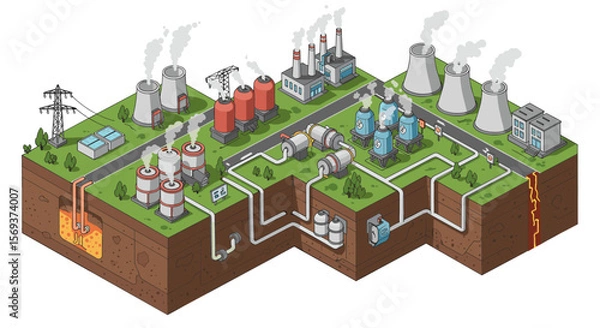 Fototapeta Industrial energy production vector illustration - isometric design for educational and print use