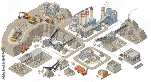Fototapeta Isometric vector illustration of an industrial quarry with machinery and buildings for construction project design
