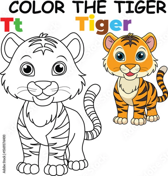Fototapeta T for Tiger Coloring Worksheet for Preschool – AI Inspired Concept Hand Drawn Vector in Illustrator