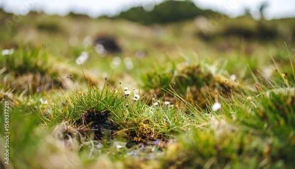 Fototapeta Whispers of Green: A low-angle perspective immerses the viewer in a textured landscape of grass, moss, and miniature flowers, inviting exploration and connection to nature's subtle beauty.