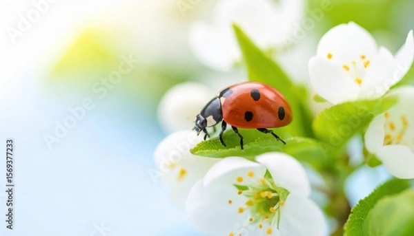 Fototapeta Ladybug on Flower Petals: A close-up shot of a vibrant ladybug perched delicately on a crisp white flower. The scene is filled with the freshness of spring.