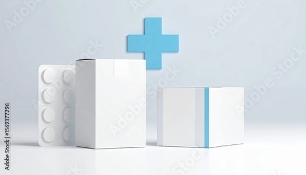 Fototapeta Medical Packaging Mockup: Clean and simple mockup of blank medicine packaging, including blister pack and boxes, with a subtle blue cross symbol, ideal for healthcare branding and advertising.