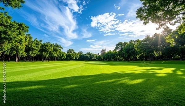 Fototapeta Emerald Oasis: A vibrant landscape featuring a sprawling expanse of neatly manicured green grass, embraced by a lush forest. Capture the essence of nature's serenity.
