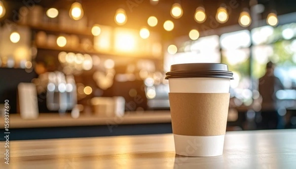 Fototapeta Coffee Cup Bliss: A steaming paper cup of coffee sits on a wooden table, the coffee shop providing a warm, blurred background, inviting a moment of relaxation and enjoyment.