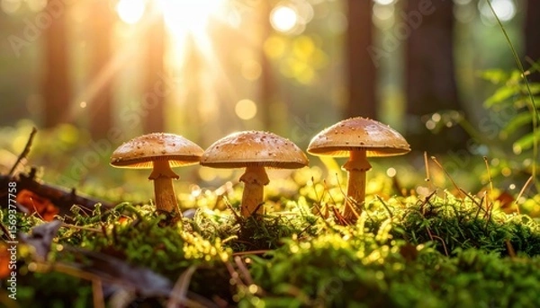 Fototapeta Mushroom Trio in Sunlight: Illuminated by a sunbeam, three enchanting mushrooms grace a verdant forest floor, their caps subtly reflecting the warmth of the sun amidst the lush greenery.