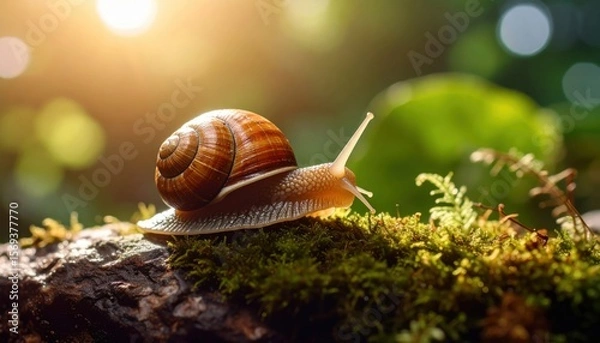 Fototapeta Snail's Slumber in the Sunlight: A curious snail inches across moss-covered log, the sun rays gently kiss its glistening shell, and soft hues of the natural habitat wrap the serene.