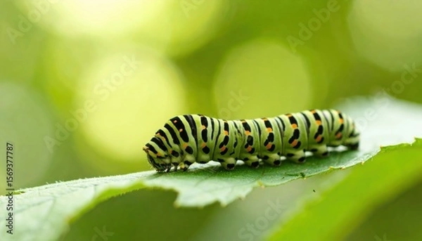 Fototapeta Caterpillar on Leaf: A close-up, detailed photo of a vibrant caterpillar gracefully crawling across a lush green leaf, showcasing the intricate patterns of its body and the delicate beauty of nature.