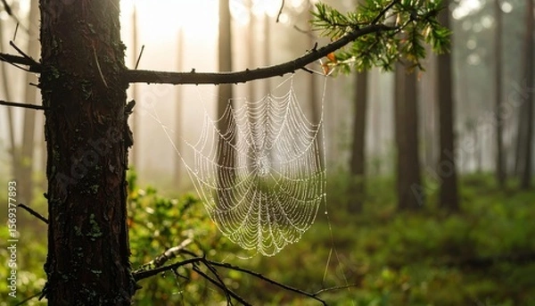 Fototapeta Enchanting Forest Web: Delicate spider web adorned with glistening morning dew hangs suspended in the misty embrace of a sun-dappled forest, revealing nature's intricate artistry.