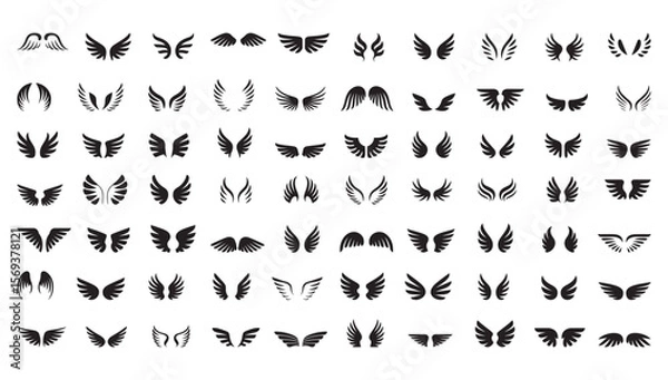 Fototapeta Angel Wings Bird Feather Vector Silhouette Set, icons, vector illustration