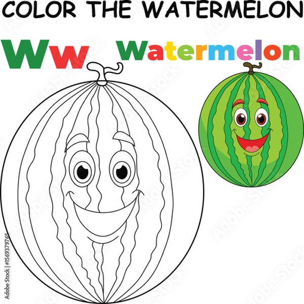 Fototapeta W for Watermelon Coloring Worksheet for Preschool – AI Inspired Concept Hand Drawn Vector in Illustrator
