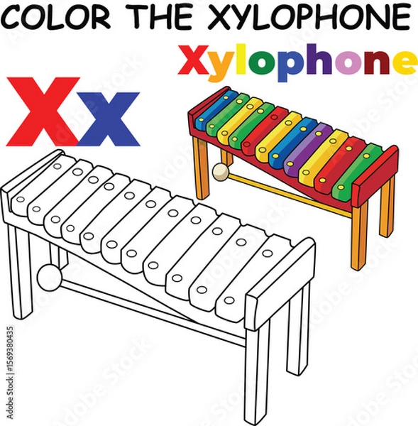 Fototapeta X for Xylophone Coloring Worksheet for Preschool – AI Inspired Concept Hand Drawn Vector in Illustrator