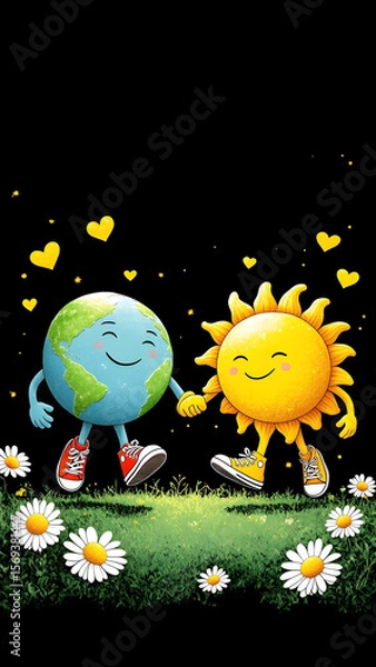Obraz A charming illustration depicts the Earth and a sun character holding hands, smiling and wearing sneakers, standing in a field of daisies under a dark sky with floating hearts