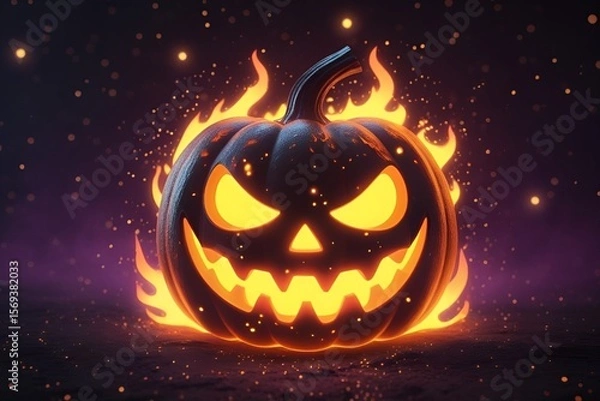 Obraz Fiery Glowing Jack-o'-Lantern with Flames and Starry Halloween Background