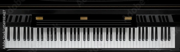 Fototapeta Top view of elegant black and white piano keys, horizontal layout. Art, music industry, concert promotion, instrument branding. For use in posters, educational materials, album covers, graphic design