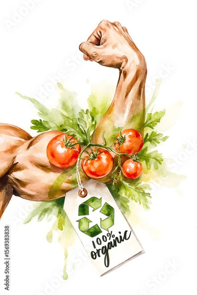 Obraz  An artistic watercolor illustration of a flexing bicep adorned with a cluster of ripe red tomatoes and fresh greenery, featuring an "100% organic" tag with a recycling symbol