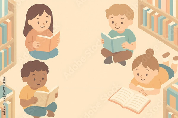 Fototapeta Group of diverse children reading books together on floor in library surrounded by bookshelves learning and education illustration