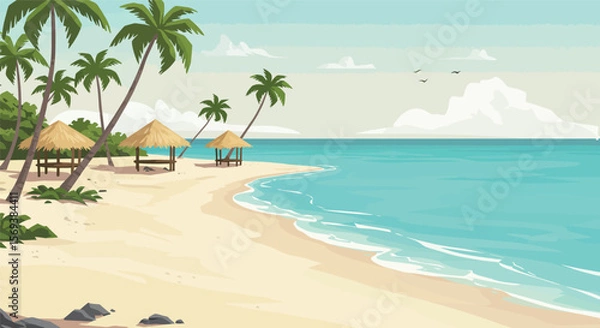 Fototapeta A serene tropical beach with swaying palm trees, crystal-clear ocean water, and a bright blue sky invites a relaxing summer vacation in paradise