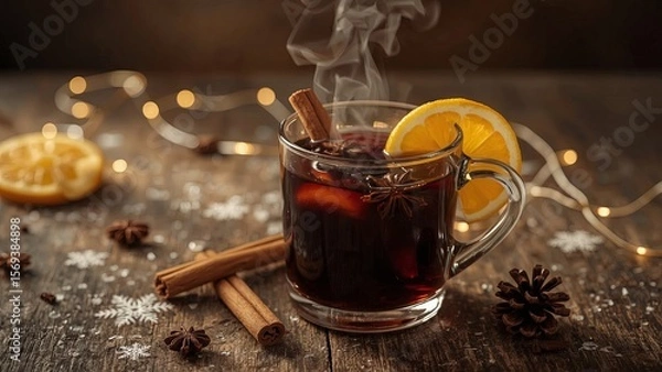 Fototapeta A cozy scene with hot mulled wine served on a rustic wooden background, surrounded by fragrant fir branches, warm cinnamon sticks, and fresh orange slices, evoking festive warmth and relaxation