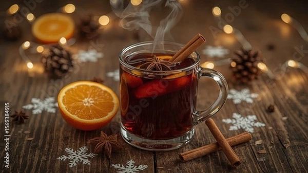 Fototapeta A cozy scene with hot mulled wine served on a rustic wooden background, surrounded by fragrant fir branches, warm cinnamon sticks, and fresh orange slices, evoking festive warmth and relaxation