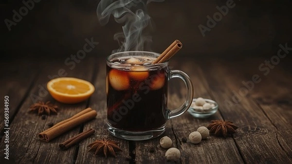 Fototapeta A cozy scene with hot mulled wine served on a rustic wooden background, surrounded by fragrant fir branches, warm cinnamon sticks, and fresh orange slices, evoking festive warmth and relaxation
