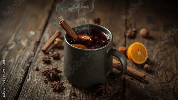 Fototapeta A cozy scene with hot mulled wine served on a rustic wooden background, surrounded by fragrant fir branches, warm cinnamon sticks, and fresh orange slices, evoking festive warmth and relaxation