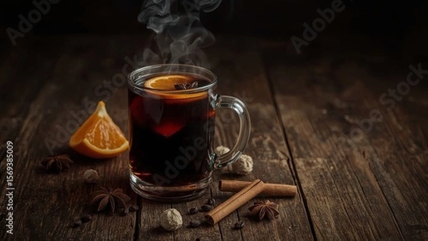 Fototapeta A cozy scene with hot mulled wine served on a rustic wooden background, surrounded by fragrant fir branches, warm cinnamon sticks, and fresh orange slices, evoking festive warmth and relaxation