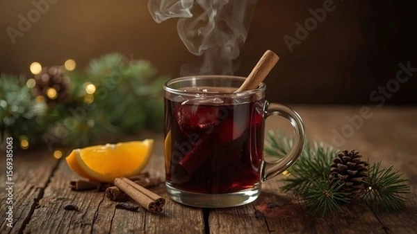 Fototapeta A cozy scene with hot mulled wine served on a rustic wooden background, surrounded by fragrant fir branches, warm cinnamon sticks, and fresh orange slices, evoking festive warmth and relaxation