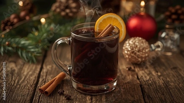 Fototapeta A cozy scene with hot mulled wine served on a rustic wooden background, surrounded by fragrant fir branches, warm cinnamon sticks, and fresh orange slices, evoking festive warmth and relaxation