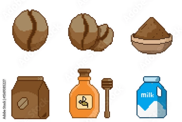 Obraz Coffee ingredients pixel art icon set, coffee beans, coffee bag, ground coffee beans, syrup and milk items for video game, app, social media and more, vector illustration
