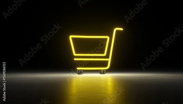Fototapeta shopping cart in the dark. a shopping cart with a yellow light on it. a blurry photo of a light at night
