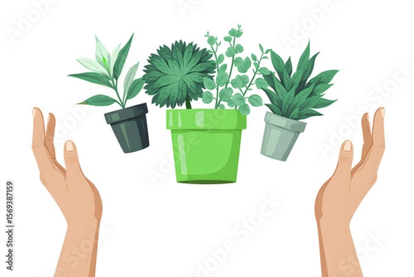 Obraz Two caring hands cradle three vibrant potted plants, symbolizing growth, nurturing, and environmental protection, perfect for themes of gardening, sustainability, or nature