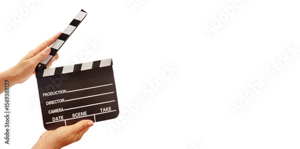 Fototapeta Hands holding a movie clapper board on white background