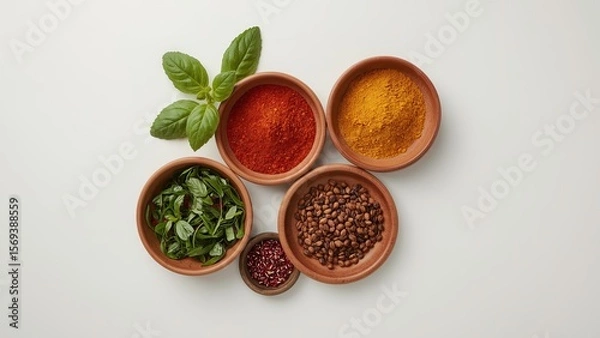 Fototapeta A bird's eye view of a variety of herbs and spices neatly arranged on a plain background, showcasing vibrant colors and textures, highlighting important ingredients for delicious cooking