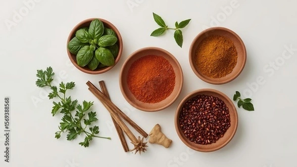 Fototapeta A bird's eye view of a variety of herbs and spices neatly arranged on a plain background, showcasing vibrant colors and textures, highlighting important ingredients for delicious cooking