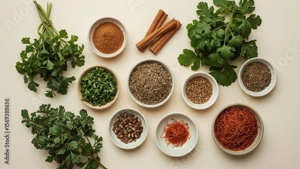 Fototapeta A bird's eye view of a variety of herbs and spices neatly arranged on a plain background, showcasing vibrant colors and textures, highlighting important ingredients for delicious cooking